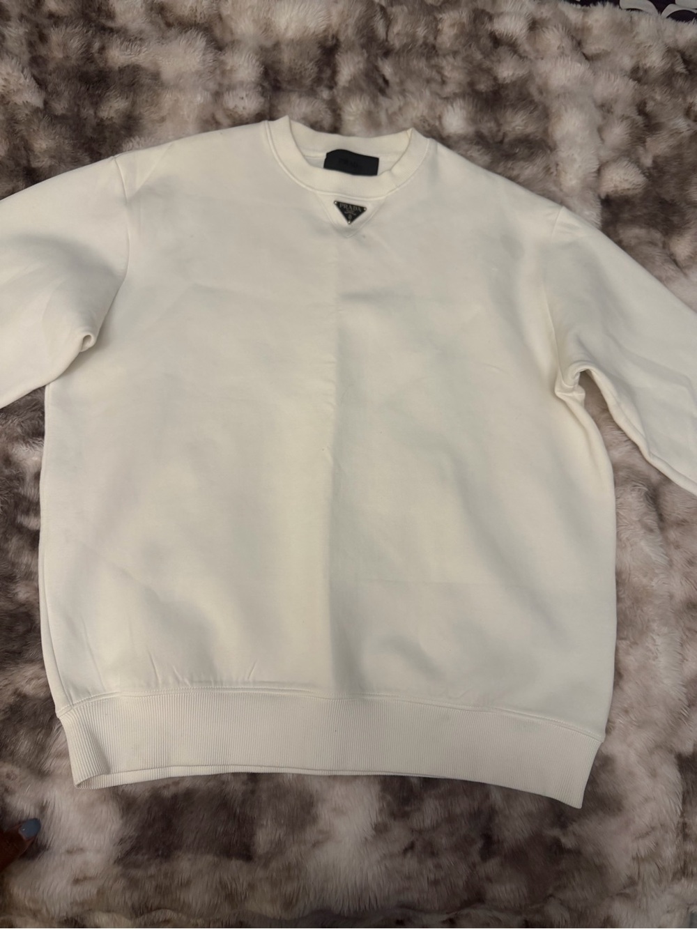 Prada Men's Off-White Crewneck Sweatshirt with Triangle Logo